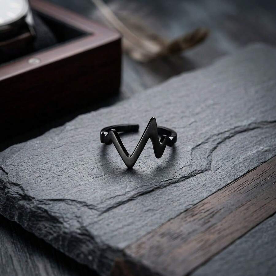 Anillo con forma de rayo curvo, anillos de pareja con estilo minimalista coreano tipo electrocardiograma - Negro - Ver 1