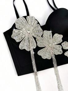 Camiseta sin tirantes con flores brillantes y diamantes negros, top de corsé de columna vertebral sexy para mujer, informal de verano - Negro - Ver 2