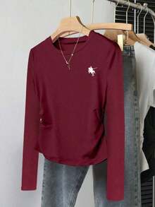 Camiseta casual de mujer de cuello redondo y manga larga con decoración de lazo - Burdeos - Ver 5
