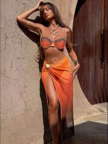 Swim  Conjunto de 3 piezas de traje de baño de mujer para vacaciones de verano, con falda de malla trenzada, estampado degradado y diseño informal - Naranja - Ver 1