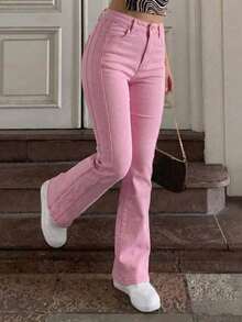 Jeans acampanados con bolsillos para mujer, estilo casual de otoño y primavera - Rosa - Ver 5