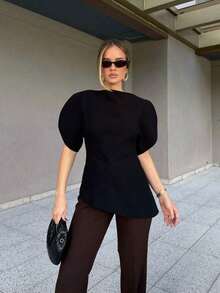 Blusa negra de mujer con cuello redondo, mangas de pétalos y bajo asimétrico, nueva y elegante para el verano - Negro - Ver 6