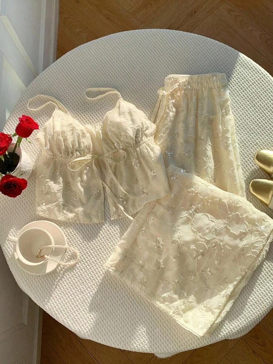 2 piezas de top de tirantes y pantalones de lino de verano para mujeres - Albaricoque - Ver 1