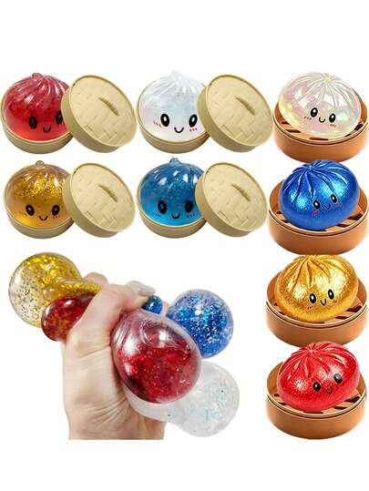 2/4/6pcs Large Glitter Dumpling Squeeze Toys, Stress Relief Ball, With Random Food Steamer