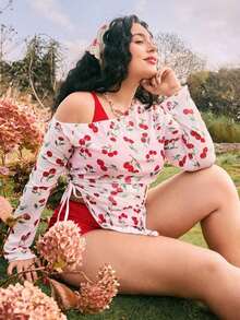 Swim Mod Conjunto de bikini con estampado de cerezas y bloques de color, estilo de vacaciones para chicas de tallas grandes - Multicolor - Ver 1