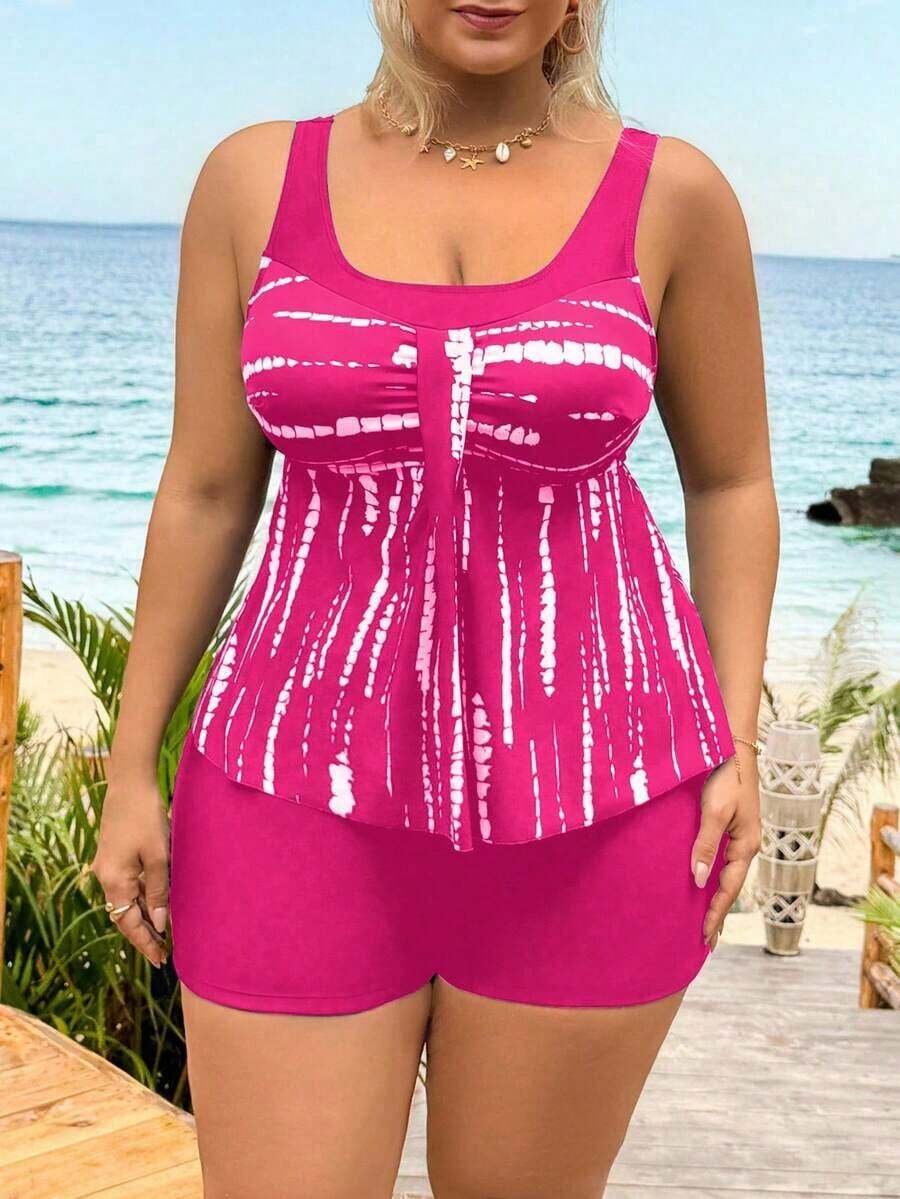 Swim Lushoire Conjunto de tankini con estampado total - Top y shorts negros para tallas grandes - Rosa Fucsia - Ver 1