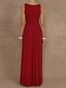 Vestido largo unicolor plisado primavera ajustado elegante estilo moda europea para mujer - Rojo - Ver 5