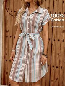 Vestido midi casual de mujer con botones frontales a rayas, vestido de verano con cintura anudada, vestido de trabajo de verano, vestido preppy, vestido con botones para mujer, vestido a rayas azul, vestidos de verano para mujer, conjuntos de v - Multicolor 2 - Ver 5