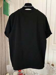 Women's Loose-Fitting, Round-Neck, Dropped-Shoulder, Mid-Length T-Shirt With Textured Digital Print Pattern, A Gift For Friends - 黑色 - 查看 2