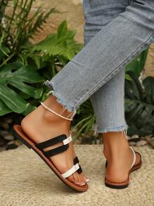 Schwarz-weiße Farbblock Strass Offene Zehe Flache Sandalen Frauen Komfort Lässig Minimalistisch Sommer Urlaub Strand Slide Schuhe - Schwarz - Übersicht 6