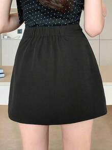 Falda pantalón de verano casual de unicolor con abertura lateral para mujer - Negro 7 - Ver 2