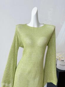 1pc Beach Vacation Knit Hollow See-Through Sexy Backless Tie Strap Long Sleeve Coverup Midi Dress - Green - View 5