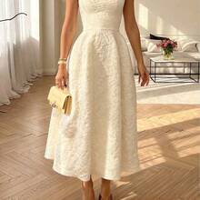 Floreya Summer Elegant Solid Color High-End Chic Style Prom Dress, Waist-Cinched Fitted Spaghetti Strap Midi Dress, White Party - Verde militar - Ver 4