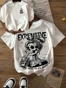 [Double-Sided Front And Back Images] Women's Fitted T-Shirt With Double-Sided Skull Print - Breathable Casual Streetwear Top, "Precious Words" Print For Spring/Summer, Black And White Contrast Color - 白色 - 查看 6