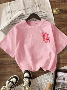 Women's Short-Sleeved T-Shirt With Round Neck, Casual Style, Pink Color Y2K Lobster Summer Beach Club. - 淺粉色 - 查看 2