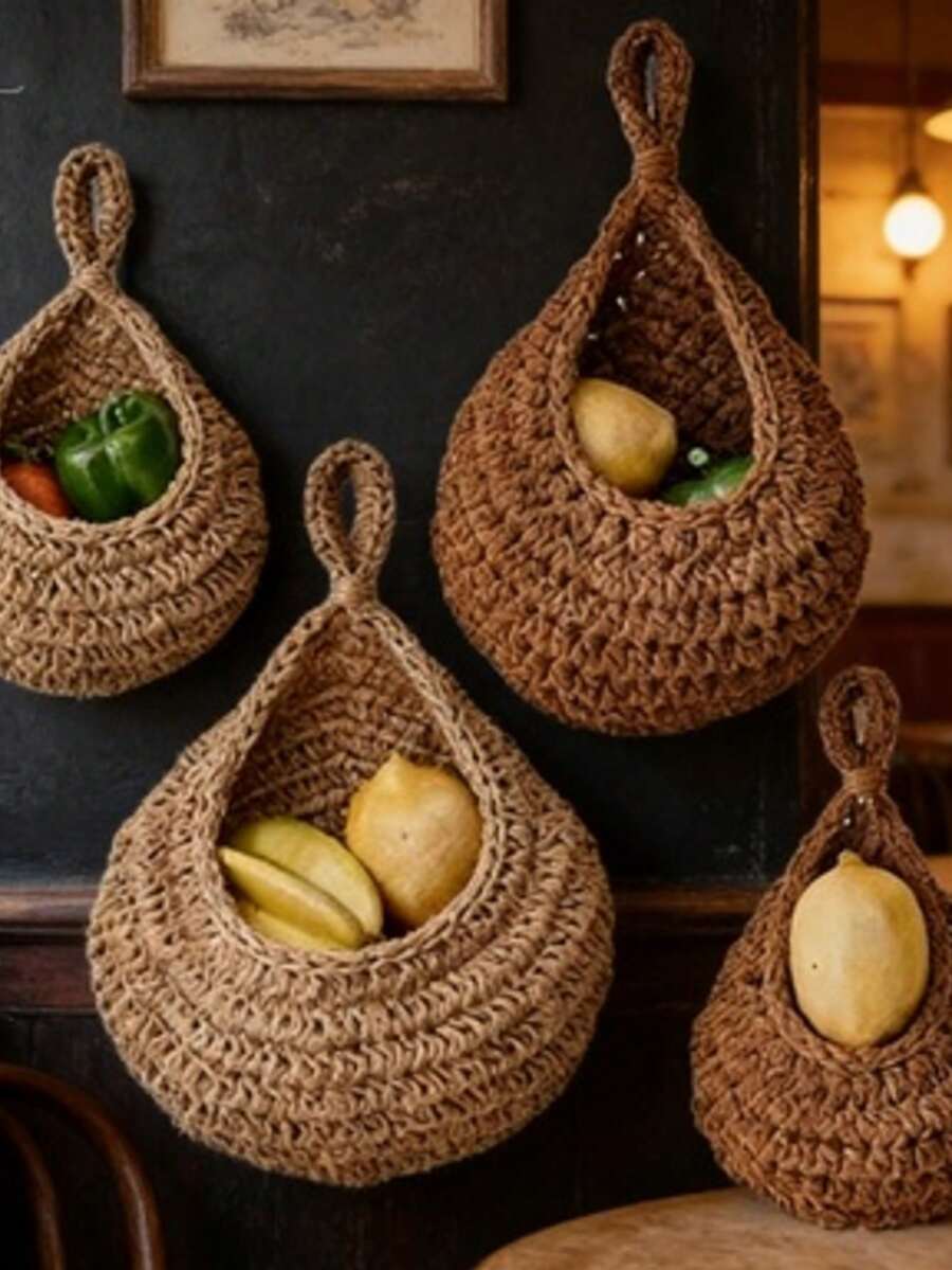 Cestino da parete in stile bohémien a forma di goccia intrecciato, fatto a mano con trama traforata, traspirante e resistente all'umidità, senza necessità di foratura, adatto per cucina, soggiorno e bagno, ideale per affittuari e appartamenti, ottimo regalo, spedizione in stile casuale, accessori essenziali per la cucina, organizer da cucina, organizer per lo stoccaggio, borse per lo stoccaggio per lo studio, adatto per la decorazione della casa - Multicolore - Visualizzare 1