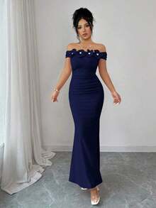 Elegante, encantador y sexy vestido de punto ajustado con hombros descubiertos, fruncido y con estampado floral para fiestas, vacaciones, primavera/verano - Azul marino - Ver 5