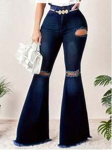Jeans de pierna acampanada con detalles rasgados y decoración de botones, estilo de moda callejera para mujer, casual de primavera - Azul - Ver 1