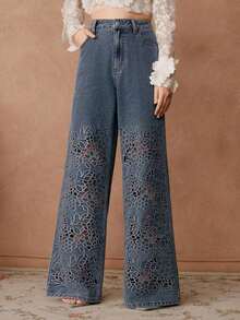 Pantalones vaqueros anchos de talle alto, elegantes, con bordados y calados para mujer, adecuados para primavera y fiestas del Día de San Valentín - Azul - Ver 7