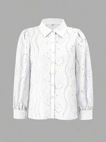 Blusa blanca de mujer, blusa blanca de manga larga con empuñadura de unicolor bordada, adecuada para uso diario, viajes, Día de la Madre, cumpleaños y fiestas en la playa - Blanco - Ver 3
