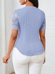Camisa casual de mujer de unicolor y estilo simple para uso diario, verano - Niebla azul - Ver 2
