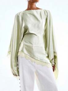 Blusa minimalista de primavera/verano 2026 para mujer, elegante para ir al trabajo, de unicolor con ribete de encaje, manga tipo murciélago y bajo asimétrico - verde menta - Ver 9