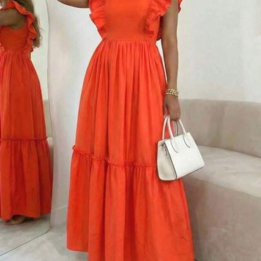 Women's Elegant Holiday Solid Color Cap Sleeve Ruched Patchwork Short Casual Dress, Spring/Summer - Naranja - Ver 1