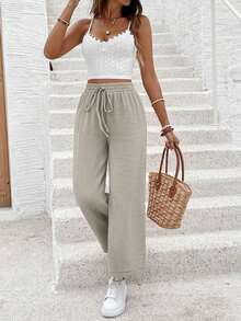Frenchy Pantalones anchos de unicolor casuales para vacaciones de mujer - Caqui - Ver 8