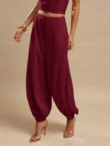 Women's Satin Palazzo Pants, Elegant Loose-Fitting Ginger Yellow Trousers, Suitable For Going Out, Brunch, Summer, Weddings, Honeymoon, Beach Vacation - 波爾多 - 查看 5