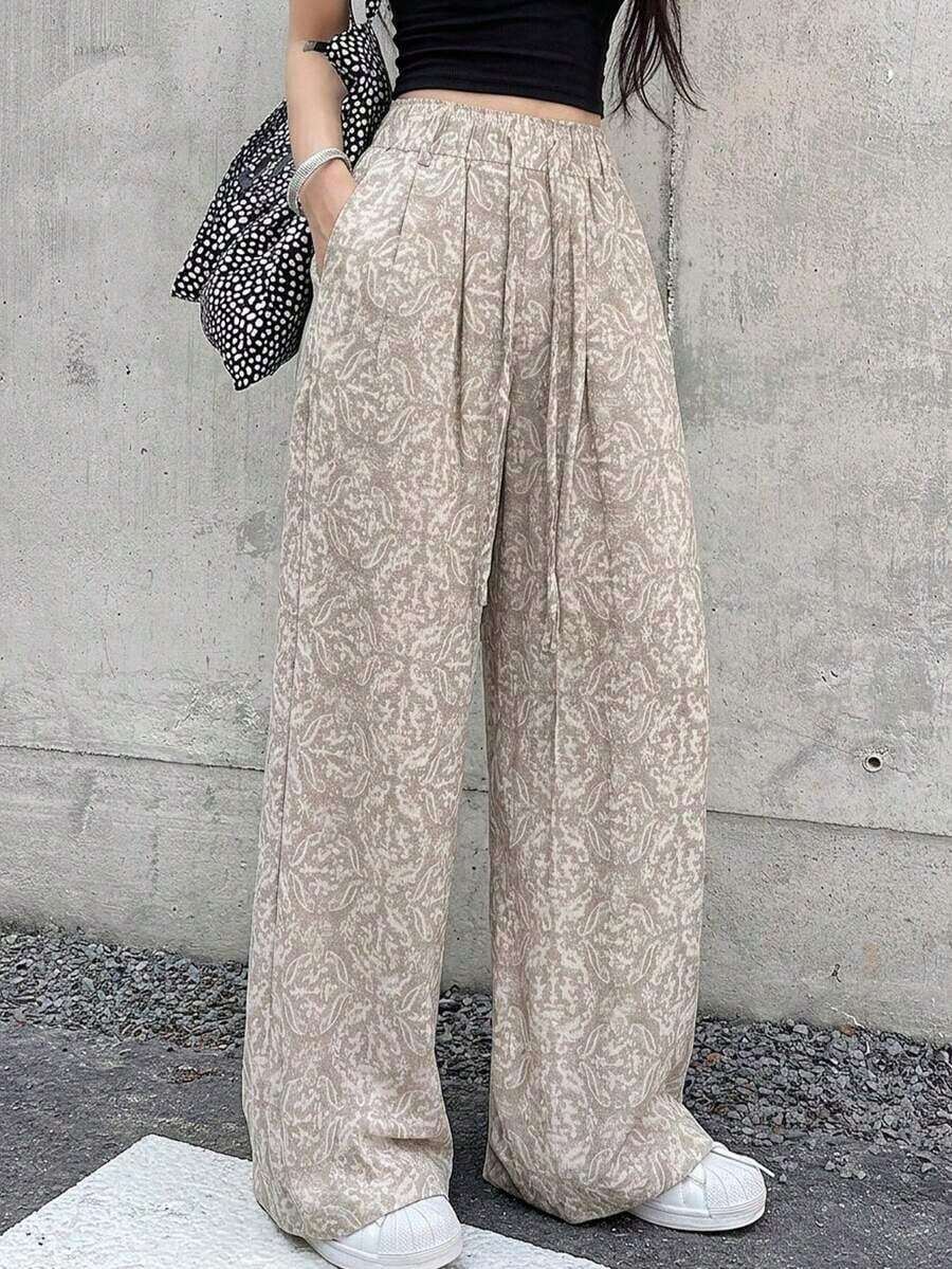 Women's Casual Solid Color Long Pants With Drawstring Waist - Khaki - View 1