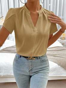 Blusa de trabajo con cuello en pico y mangas de pétalo de color blanco para mujer, blusas de manga corta - Marrón - Ver 3