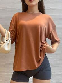 Camiseta de manga corta oversize, negro sólido, ajuste holgado casual para deportes blancos de verano - Marrón - Ver 5