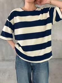 Camiseta suelta de cuello polo a rayas blancas y negras para mujer, camiseta de verano informal de talla grande - Azul marino - Ver 5