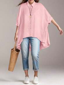 Women's Loose-Fitting, Versatile Batwing Sleeve Button-Down Shirt In A Solid Color, Perfect For Spring And Summer - 淡粉紅色 - 查看 1