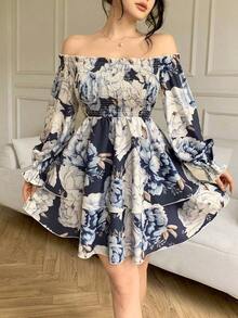 Vestido de flores con hombros descubiertos elegante y apropiado para ir al trabajo - Azul - Ver 4