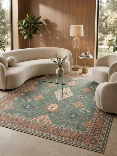 1pc Vintage European-Style Persian Floral Totem Area Rug/Carpet/Door Mat, Moroccan Inspired Faux Wool Rug, Suitable For Bathroom, Kitchen, Entryway, Hallway, Bedside, Living Room, Bedroom, Machine Washable, Home Decor