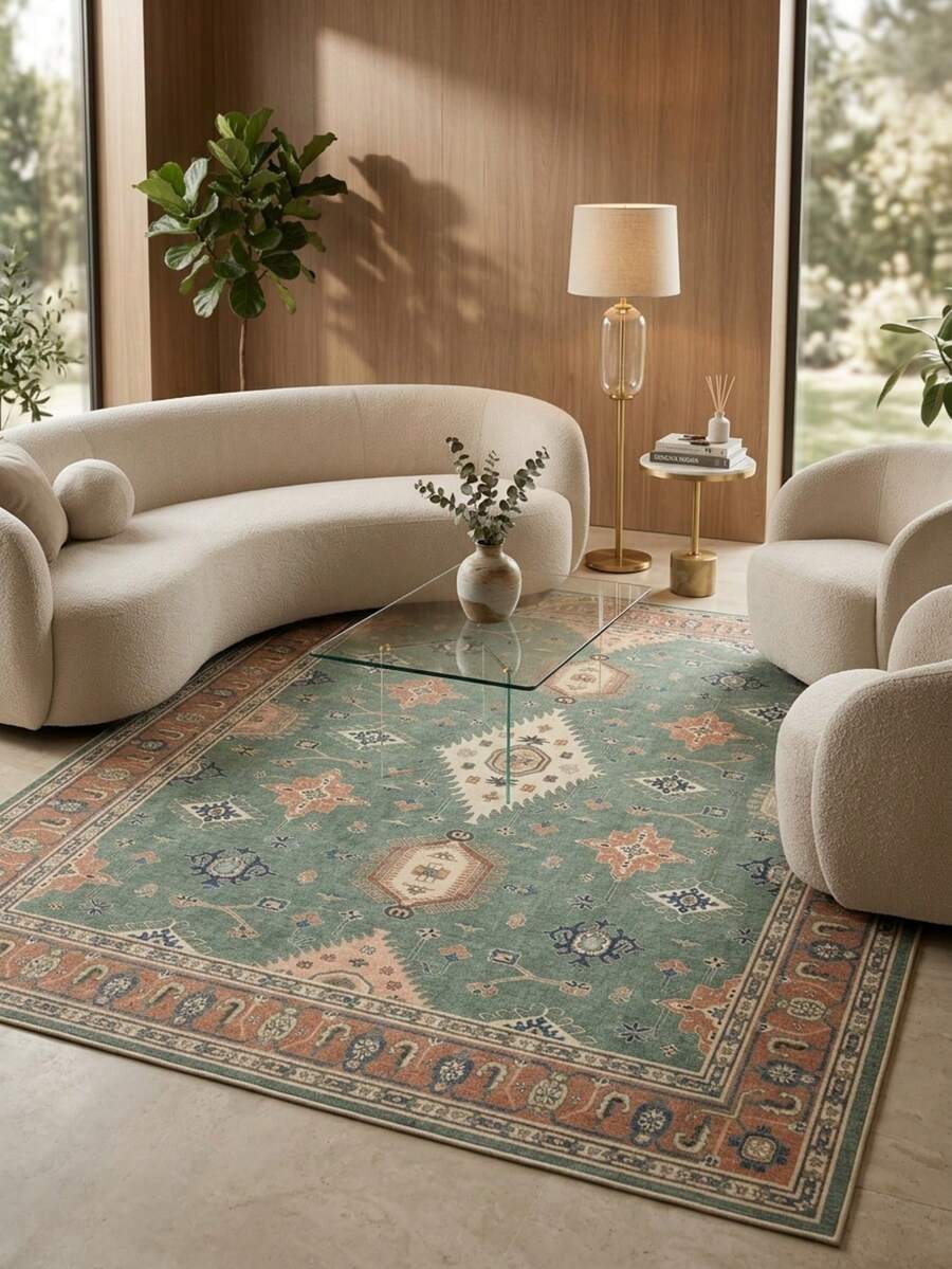 1pc Vintage European-Style Persian Floral Totem Area Rug/Carpet/Door Mat, Moroccan Inspired Faux Wool Rug, Suitable For Bathroom, Kitchen, Entryway, Hallway, Bedside, Living Room, Bedroom, Machine Washable, Home Decor - Multicolor - View 1