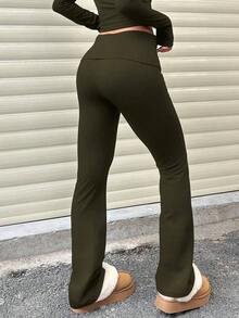 Pantalones acampanados de cintura ancha de unicolor casual para mujer, leggings delgados de cintura alta con pliegues, primavera - Verde Oliva - Ver 5