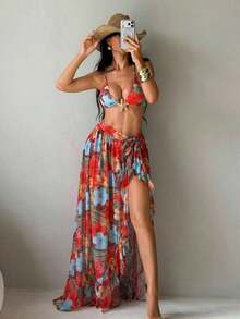 Swim  Set de 3 piezas de ropa de baño de verano para mujer, top halter con estampado floral rosa, Bottom de bikini y falda maxi, conjunto de traje de baño y falda de playa sexy, vestido de cumpleaños, vestido de verano de tres piezas con cobertura, vestido de primavera para mujer, vestido elegante de fiesta para mujer, vestido casual para mujer, conjunto de bikini con estampado de plantas y espalda anudada, traje de baño de tirantes finos para mujer - Multicolor 2 - Ver 12