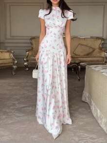 Vestido largo primavera 2026, holgado con estampado floral, estilo elegante y moderno - Blanco - Ver 6