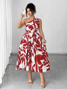 Vestido elegante de mujer de talla grande con estampado floral azul y blanco, elegante y chic para fiestas, graduaciones, vacaciones, festivales, citas, bodas y salidas - Rojo - Ver 4