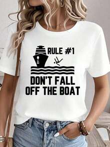 100% algodón Regla 1 No te caigas del barco Camiseta con estampado náutico Camisetas gráficas para mujer Tops de verano Camiseta de cuello redondo 100% algodón Ropa para mujer Conjuntos para mujer Ropa de otoño para mujer Tops para mujer Camiseta blanca - Blanco - Ver 6