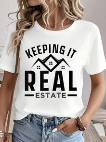 100% algodón Camiseta con estampado "Keeping It Real Estate Job Broker Agent Realtor" Camisetas gráficas para mujer Tops de verano Camiseta de cuello redondo 100% algodón Ropa para mujer Conjuntos para mujer Ropa de otoño para mujer Tops para mujer Camiseta blanca - Blanco - Ver 6