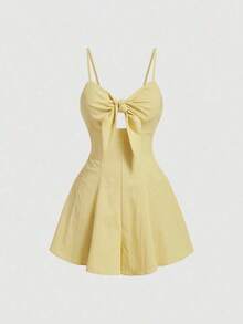 Mono de mujer de moda con lazo decorativo y tirantes en unicolor - Amarillo - Ver 1