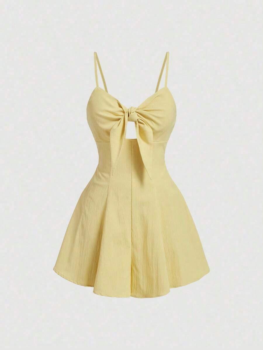 Mono de mujer de moda con lazo decorativo y tirantes en unicolor - Amarillo - Ver 1