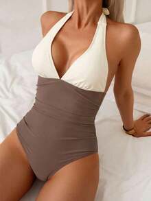 Traje de baño de una pieza con control de abdomen, estilo minimalista de unicolor, con escote halter y espalda descubierta, para vacaciones de verano en la playa - Marrón 2 - Ver 3