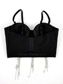 Camiseta sin tirantes con flores brillantes y diamantes negros, top de corsé de columna vertebral sexy para mujer, informal de verano - Negro - Ver 7
