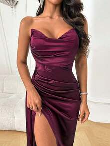 Vestido de verano WOWDARK, vestido de fiesta elegante azul para mujeres, escote en V profundo, cintura con lazo, abertura alta, adecuado para el Día de San Valentín, citas, reuniones, fiestas, viajes, vacaciones, bodas en la playa primaveral - Burdeos - Ver 2