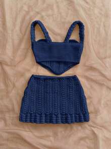 2 piezas Conjunto de top sin espalda de crochet y falda de cintura baja sexy para vacaciones, adecuado para festival de música, estilo bohemio, vacaciones, citas, té de la tarde - Azul marino - Ver 2