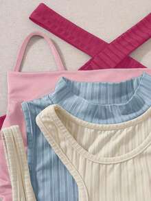 Unity Set de 4 tops de tirantes de punto acanalado de unicolor, moda de verano - Multicolor - Ver 4